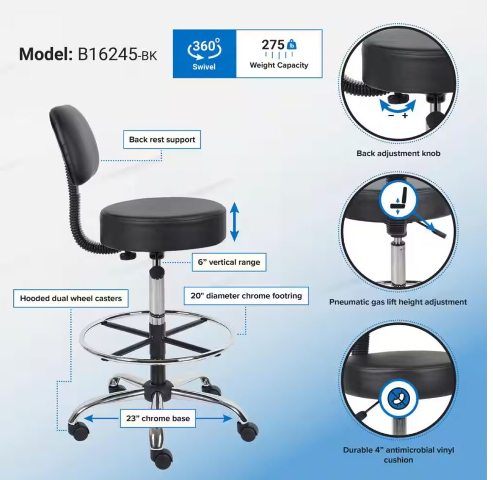 Black Vinyl Task Counter Stool with Back Rest and Seat Height Adjustment - Image 2