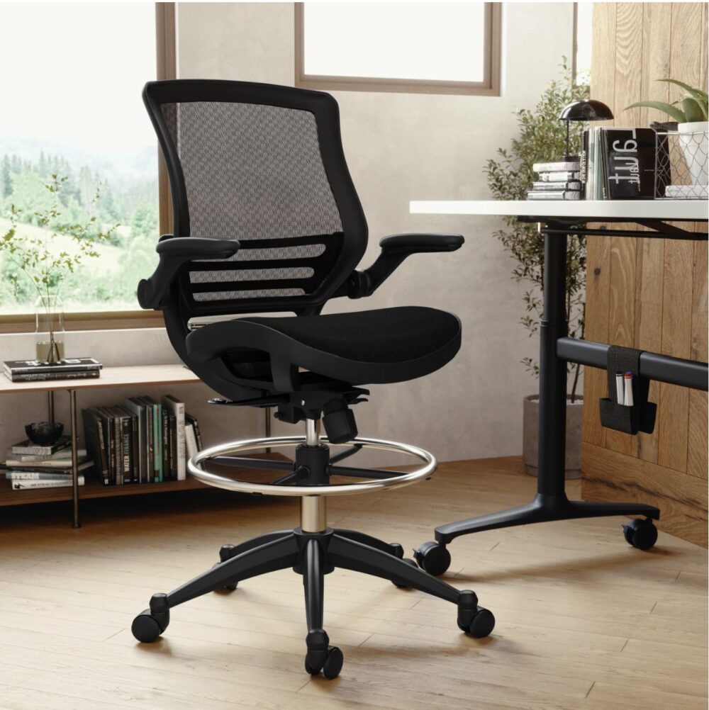 Waylon Mesh Seat Adjustable Height Mid-Back Ergonomic Drafting Chair in Black Mesh/Black Frame with Flip-up Arms